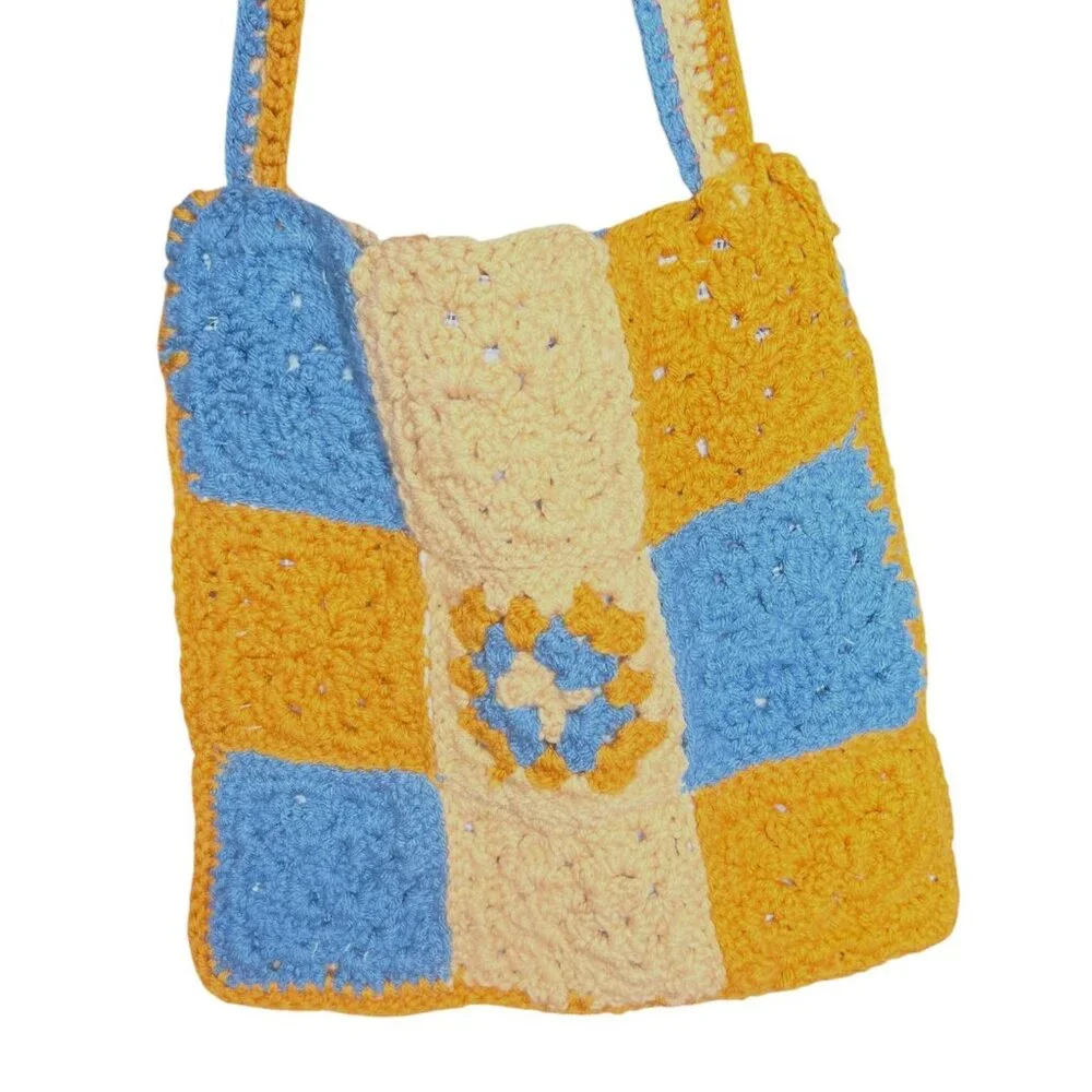 Handmade Crochet Granny SquareTote Bag Yellow Blue‎ Boho Granola Cottagecore